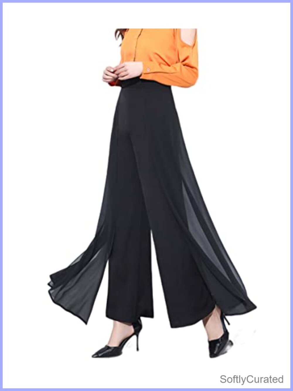 Women's High Waist Chiffon Palazzo Flare Pants Elastic Waist Dressy Trousers